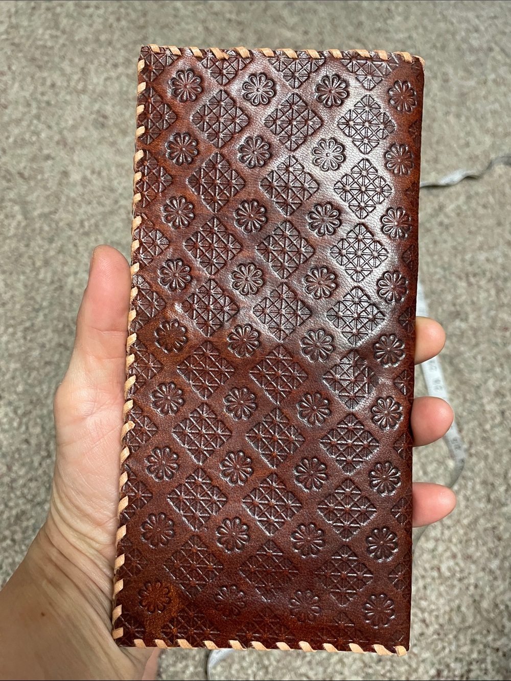 Vintage Handcrafted brown leather etched pattern long Wallet- new